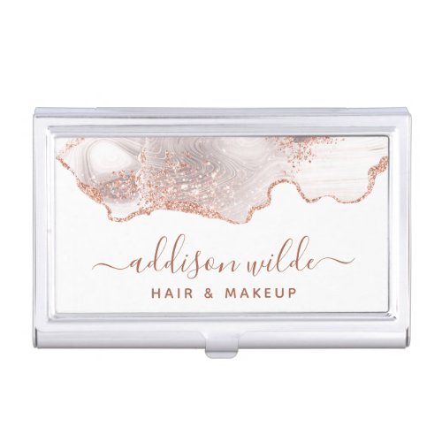 Chic White Marble Agate Rose Gold Glitter Business Card Case
