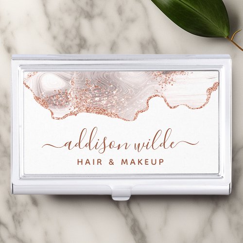 Chic White Marble Agate Rose Gold Glitter Business Card Case