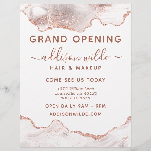 Chic White Marble Agate Rose Gold Glitter Business Flyer