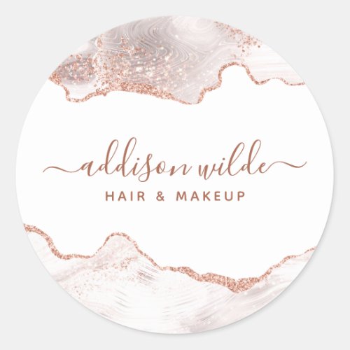 Chic White Marble Agate Rose Gold Glitter  Classic Round Sticker