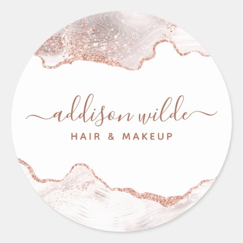 Chic White Marble Agate Rose Gold Glitter Classic Round Sticker