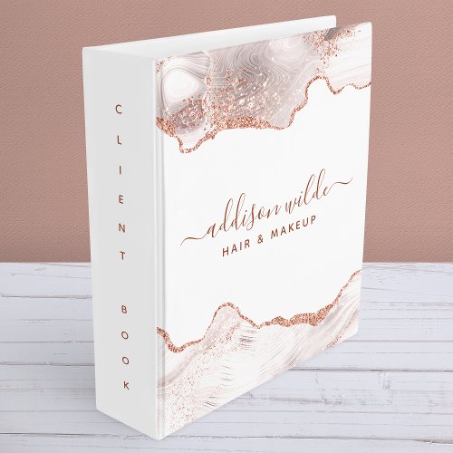 Chic White Marble Agate Rose Gold Glitter Client 3 Ring Binder