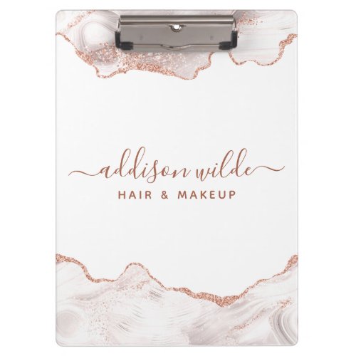Chic White Marble Agate Rose Gold Glitter Clipboard