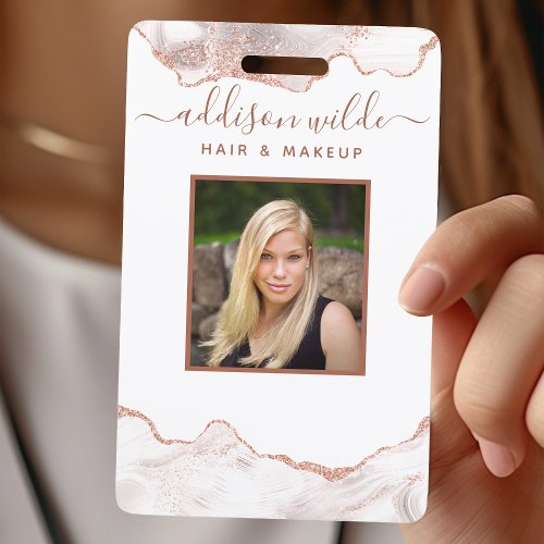 Chic White Marble Agate Rose Gold Glitter ID Badge