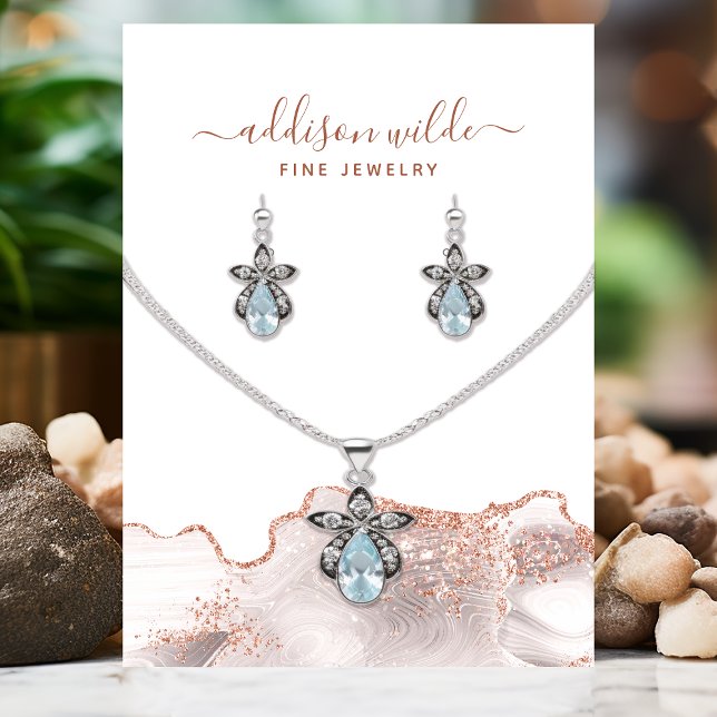 Chic White Marble Agate Rose Gold Glitter Jewelry  Business Card (Creator Uploaded)