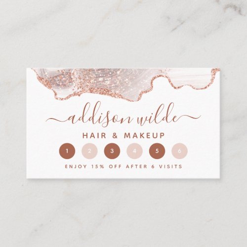 Chic White Marble Agate Rose Gold Glitter Loyalty Card