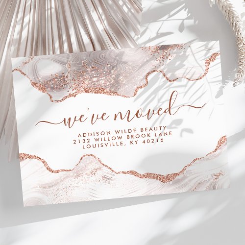 Chic White Marble Agate Rose Gold Glitter Moving Announcement Postcard