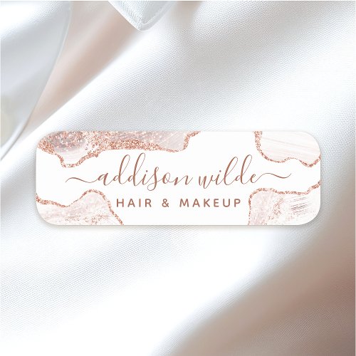 Chic White Marble Agate Rose Gold Glitter Name Tag