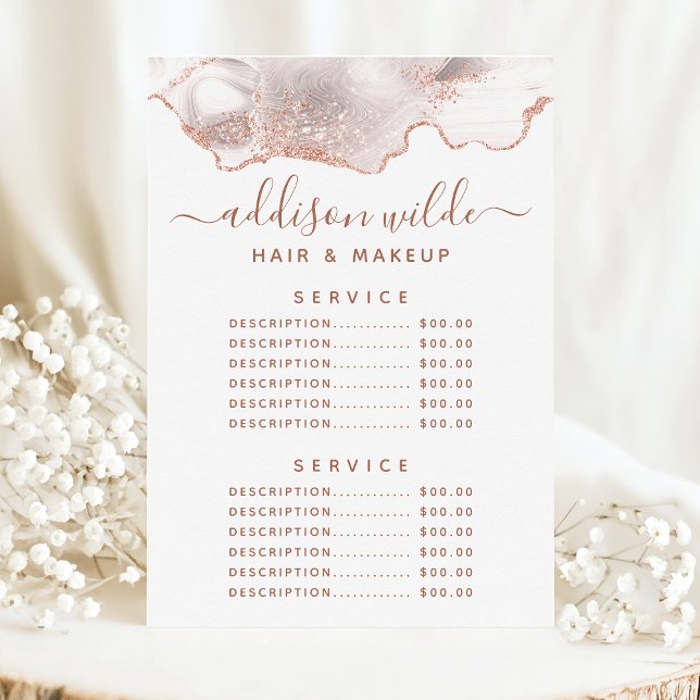 Chic White Marble Agate Rose Gold Service Price Menu (Creator Uploaded)