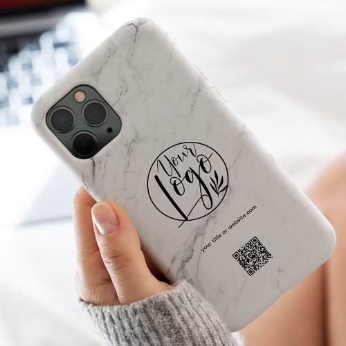 Chic white marble business corporate logo qr code Case_Mate iPhone 14 pro max case