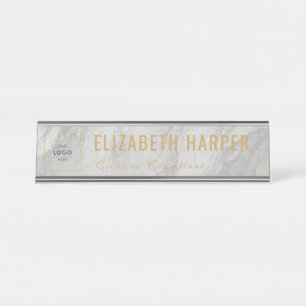 Chic White Marble & Gold Business Logo Custom Desk Name Plate