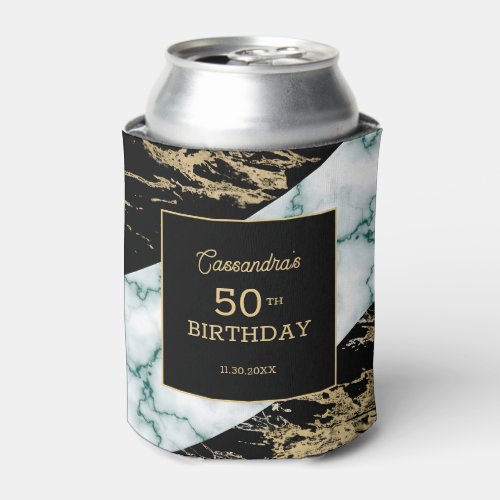 Chic White Marble Gold Foil Paint Texture Birthday Can Cooler