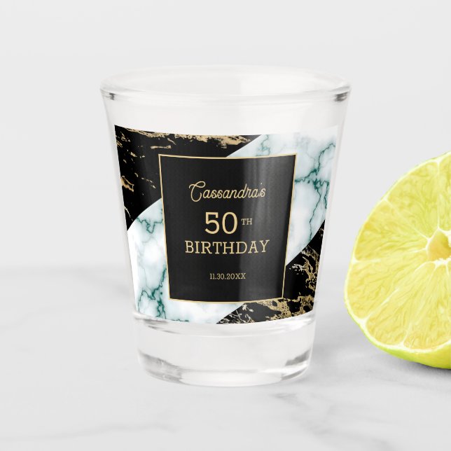 Chic White Marble Gold Foil Paint Texture Birthday Shot Glass (Front)