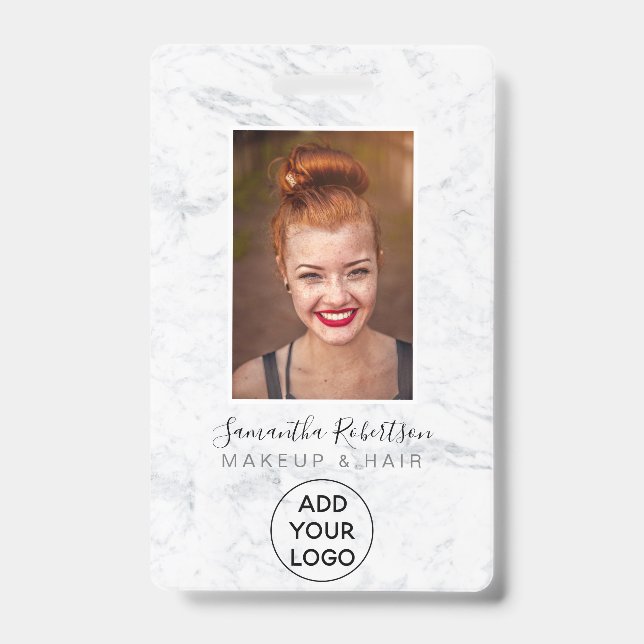 Chic white marble logo employee photo pass badge (Front)