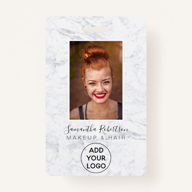 Chic white marble logo employee photo pass badge (Front)