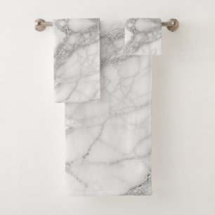 Chic White Marble Silver Glitter Veins Summer Bath Towel Set
