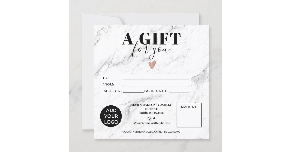 Chic white marble square gift certificate logo Zazzle