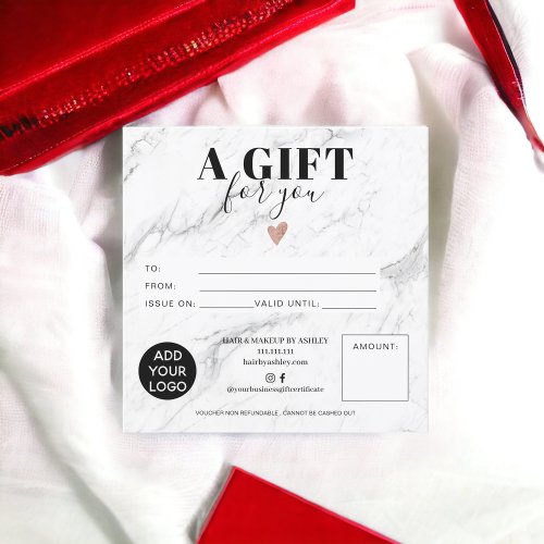 Chic white marble square gift certificate logo