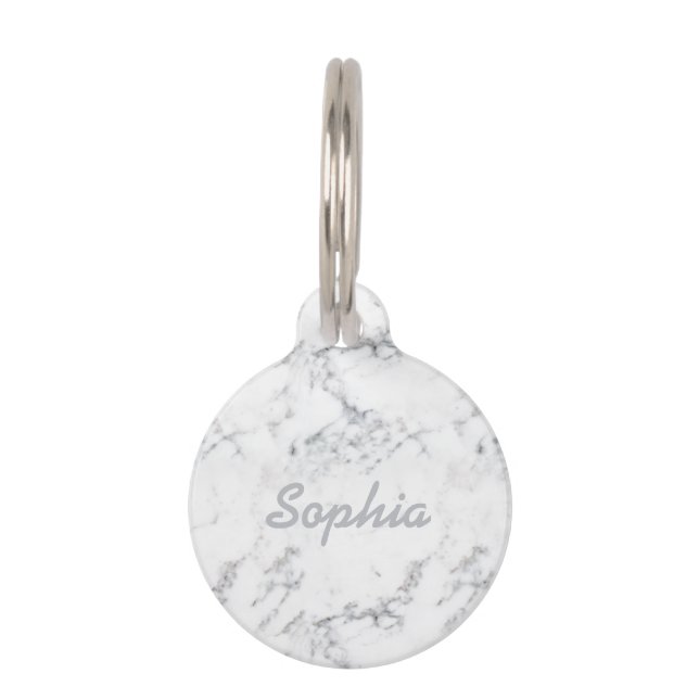 Chic White Marble Texture Look & Custom Pet Name ID Tag (Front)