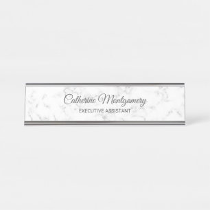 Chic White Marble with Gray Script Typography Desk Name Plate