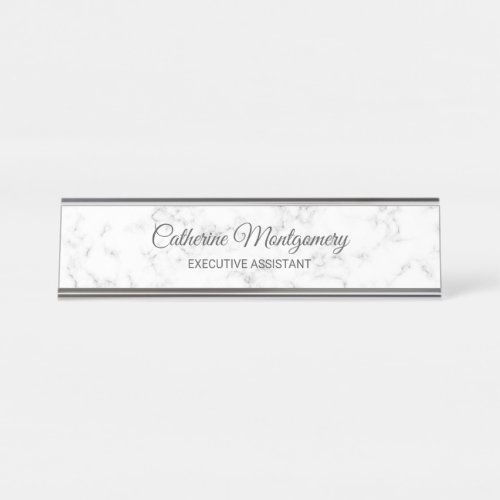 Chic White Marble with Gray Script Typography Desk Name Plate