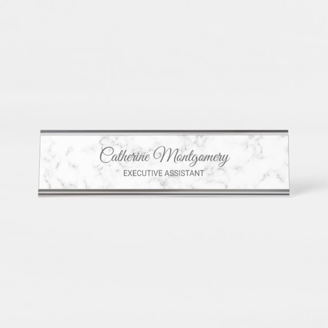 Chic White Marble with Gray Script Typography Desk Name Plate (Front)