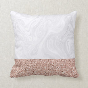 Chic White Marble with Pink Faux Rose Gold Glitter Throw Pillow