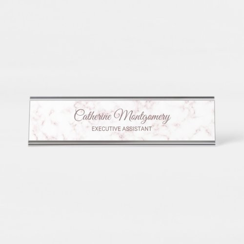 Chic White Marble with Rose Script Typography Desk Name Plate