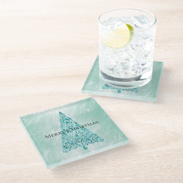 Chic White Mint Christmas Tree Glitter Glass Coaster (Angled)