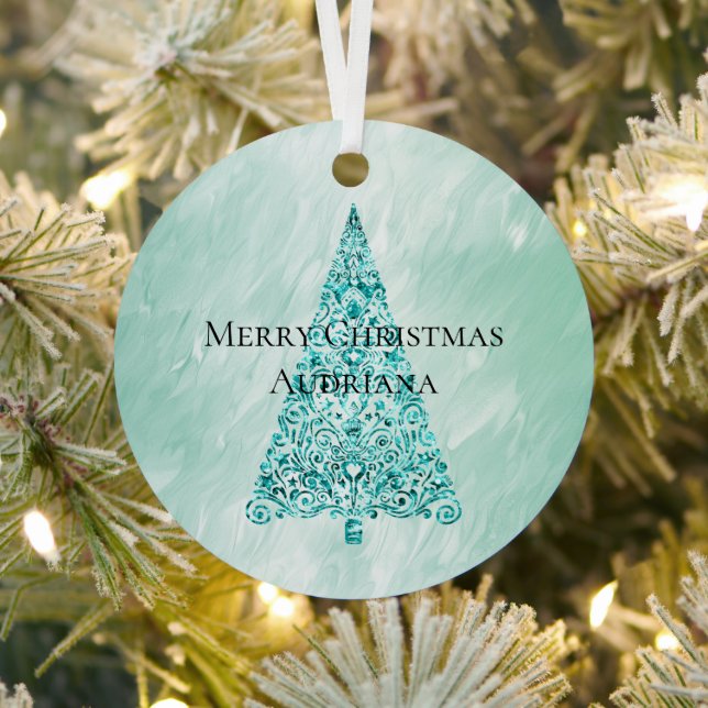 Chic White Mint Christmas Tree Glitter Metal Ornament (Insitu)