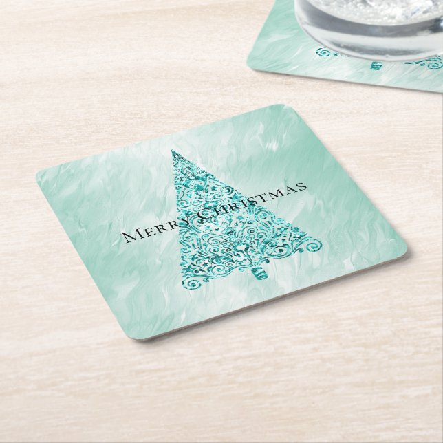 Chic White Mint Christmas Tree Glitter Square Paper Coaster (Angled)