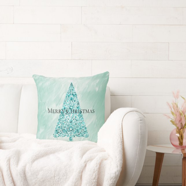 Chic White Mint Christmas Tree Glitter Throw Pillow (Couch)
