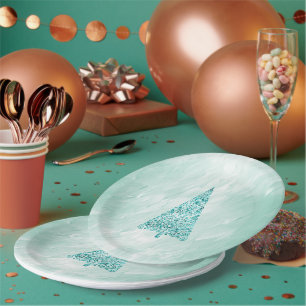 Chic White Mint Christmas Tree Paper Plates