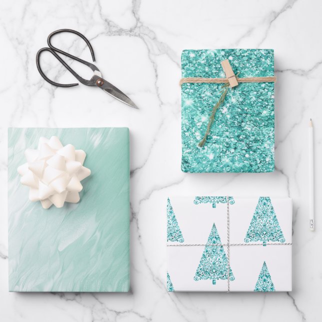 Chic White Mint Christmas Trees Glitter Wrapping Paper Sheets (Front)