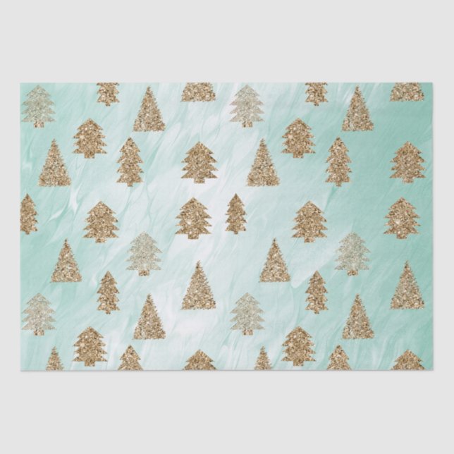 Chic White Mint Gold Glitter Christmas Trees Tissue Paper (Front)