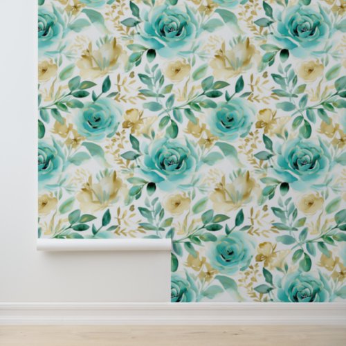 Chic White Mint Green Gold Flowers Wallpaper