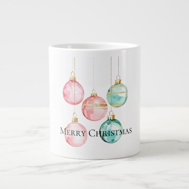 Chic White Mint Pink Gold Christmas Ornaments Giant Coffee Mug (Front)