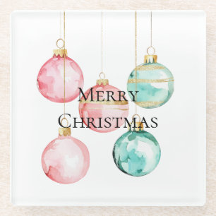 Chic White Mint Pink Gold Christmas Ornaments Glass Coaster