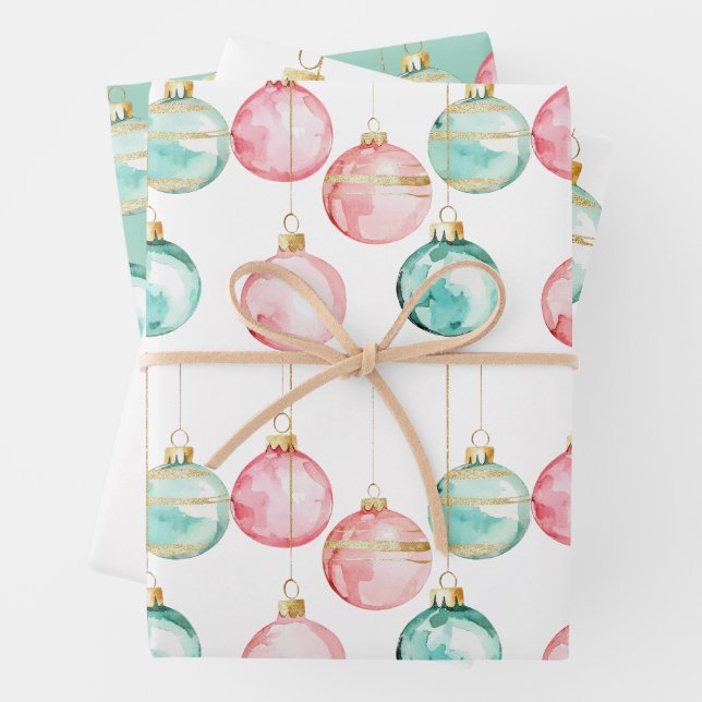 Chic White Mint Pink Gold Christmas Ornaments Wrapping Paper Sheets (In situ)