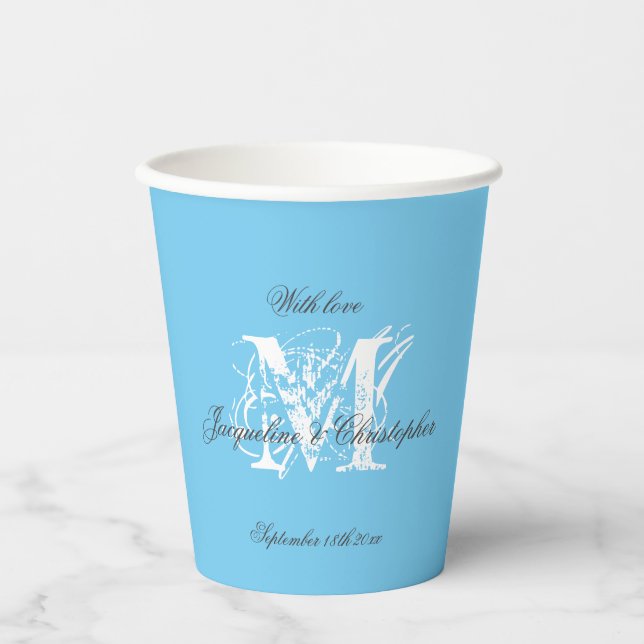 Chic White Monogram Black Names Aqua Blue Paper Cups (Front)