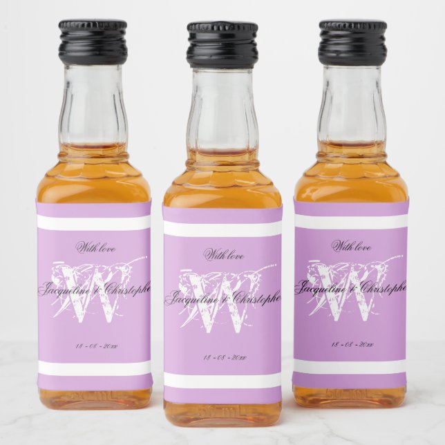 Chic White Monogram Black Names Mauve Mini Liquor Bottle Label (Bottles)