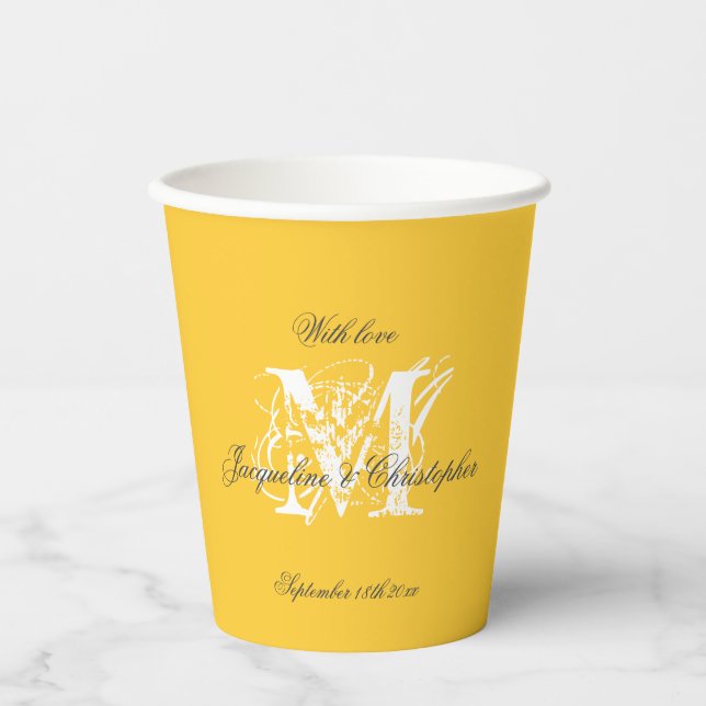 Chic White Monogram Black Names Sunny Yellow Paper Cups (Front)