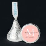 Chic White Monogram Names Wedding Date Pastel Pink Hershey®'s Kisses®<br><div class="desc">Chic, elegant Hershey kisses candy wedding favors with your names and year established in black elegant handwritten script calligraphy on a pastel pink background with a white monogram. Simply add your names, monogram and year established beneath. Stylish design and perfect luxury candy favor gift for the newlywed couple. If you...</div>