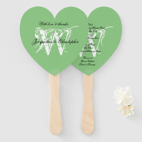 Chic White Monogram on Soft Green Wedding Program Hand Fan