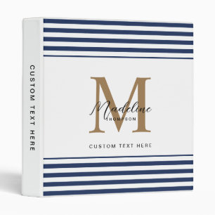 Chic White Navy Blue Stripes Script Gold Monogram 3 Ring Binder