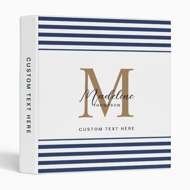 Chic White Navy Blue Stripes Script Gold Monogram 3 Ring Binder (Front/Spine)