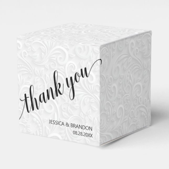 Chic White on White Filigree Wedding Thank You Favor Boxes (Front Side)