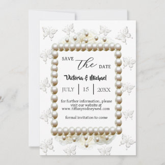 Chic White Pearl Butterfly Wedding Save-The-Date Invitation