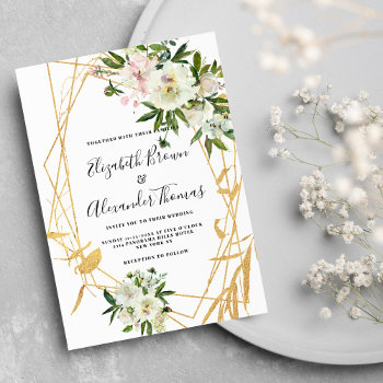 Chic White Peony Gold Terrarium Floral Wedding Invitation by kicksdesign at Zazzle