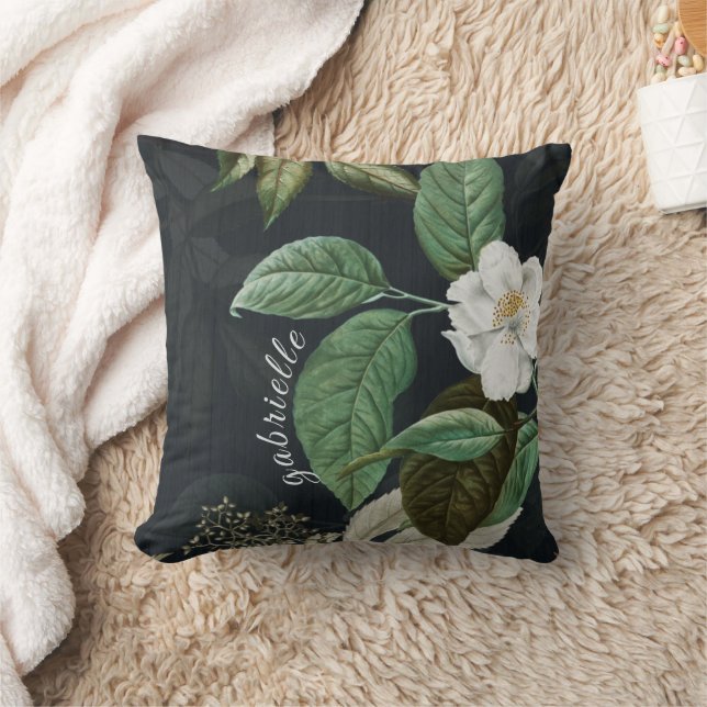 Chic White Peony On Black Personalized Throw Pillow (Blanket)
